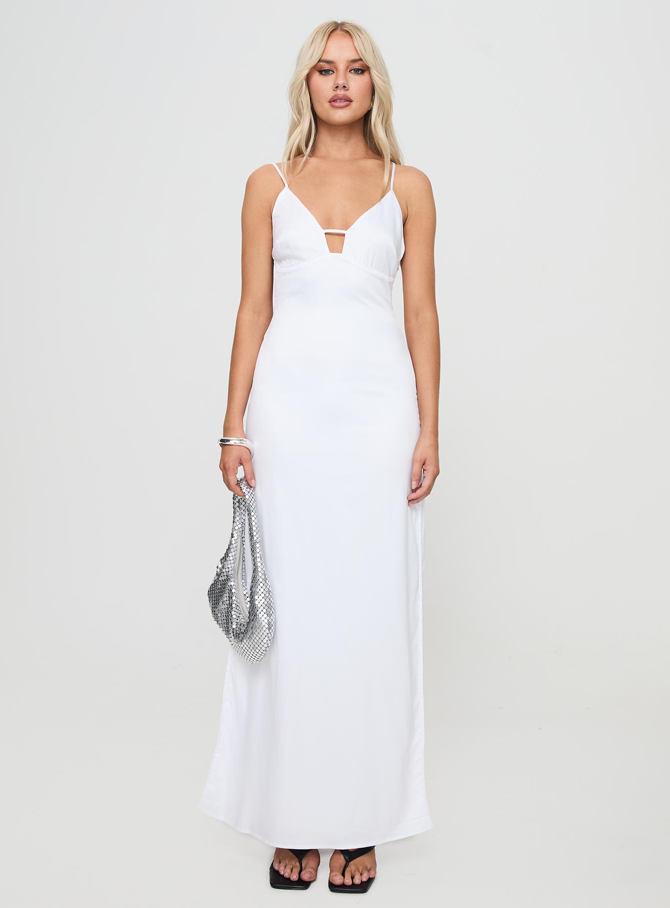 front view of model wearing Princess Polly Atheria Maxi Dress White Plunger 