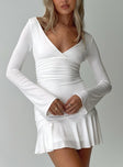 front view of model wearing Princess Polly Sybella Long Sleeve Mini Dress White V-Neck 