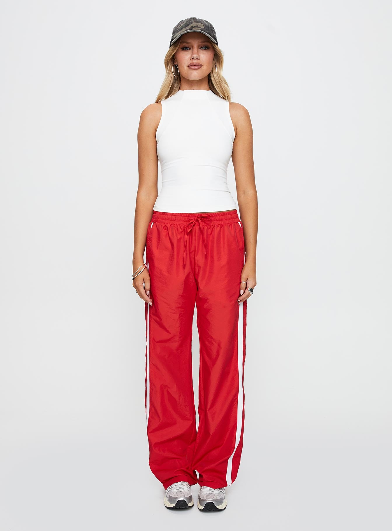 back view of model wearing Princess Polly Keli Track Pants Red / White High Waisted Pants 