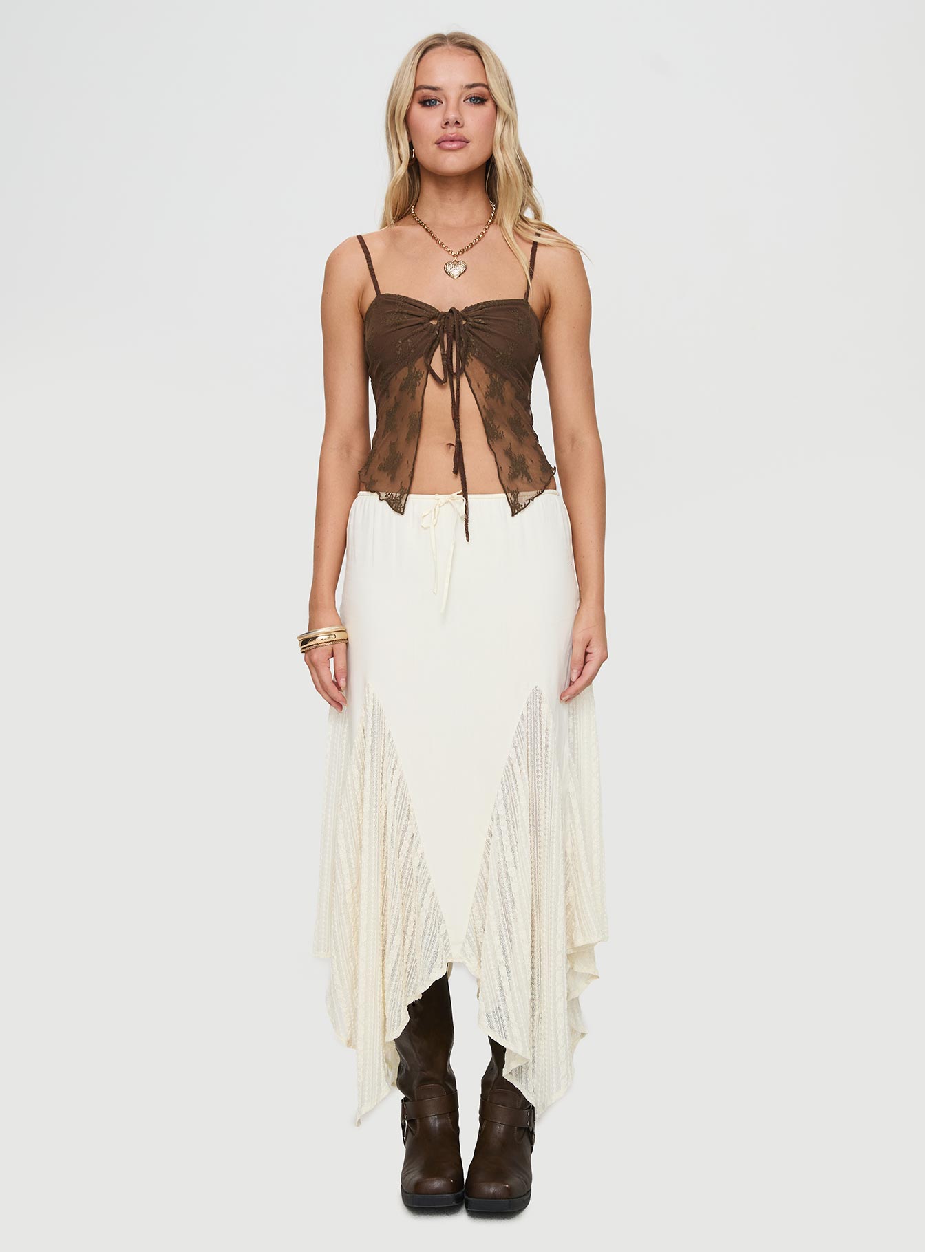 front view of model wearing Princess Polly Andorra Top Brown Sleeveless Sweetheart 