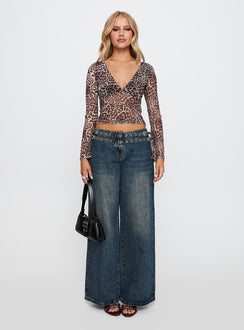 front view of model wearing Princess Polly Fast Times Long Sleeve Top Leopard Full Sleeves Plunger 