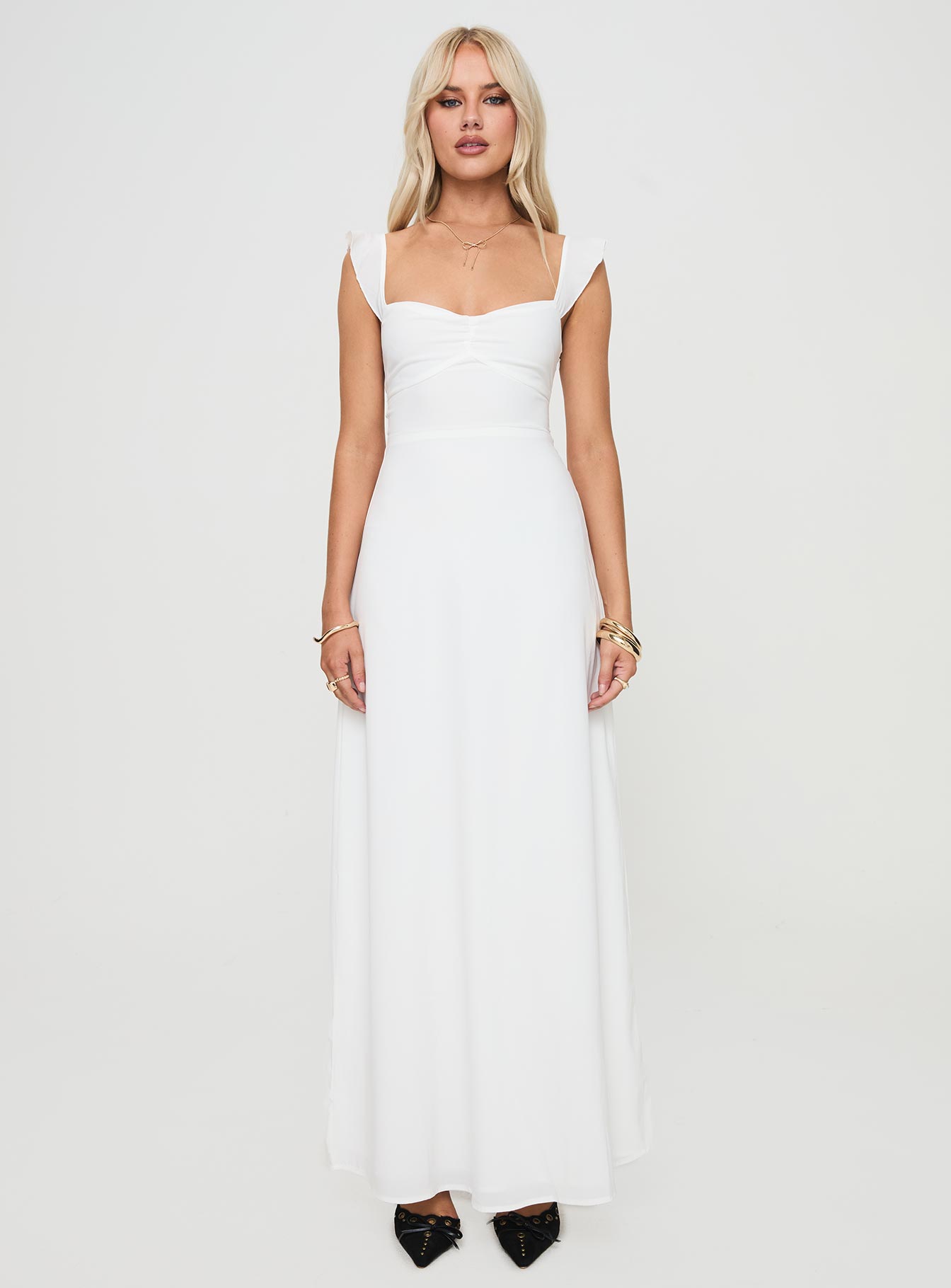 front view of model wearing Princess Polly Landon Maxi Dress White Sweetheart Neckline 
