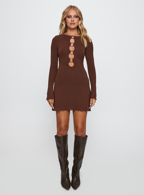 back view of model wearing Princess Polly Dejonge Ring Mini Dress Brown Crew Neck 