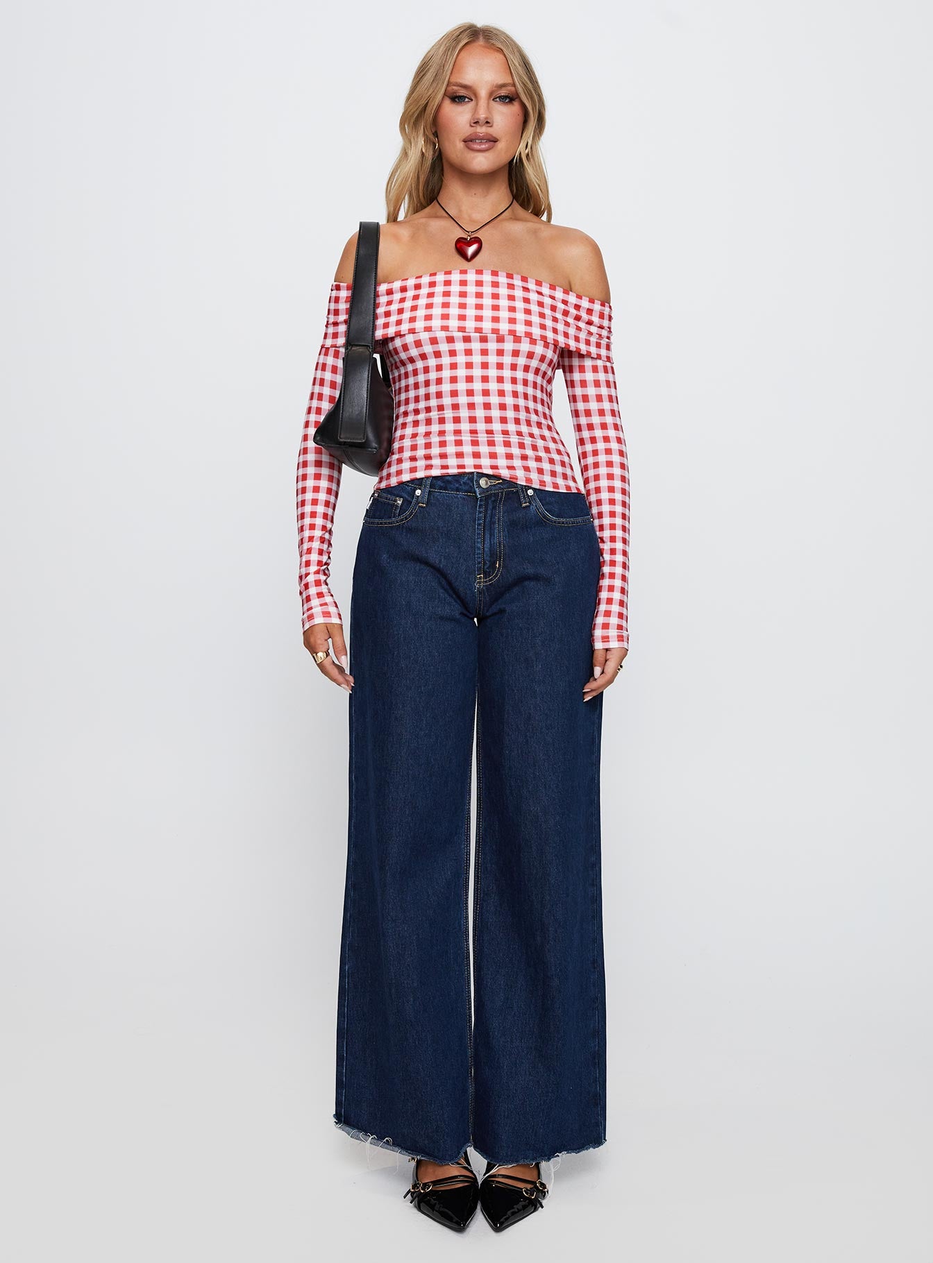 front view of model wearing Princess Polly Singular Off The Shoulder Long Sleeve Top Red Check Full Sleeves straight 