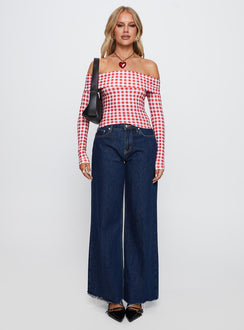 front view of model wearing Princess Polly Singular Off The Shoulder Long Sleeve Top Red Check Full Sleeves straight 