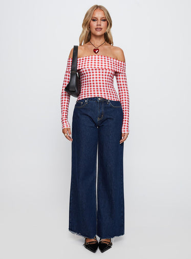 Singular Off The Shoulder Long Sleeve Top Red Check