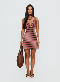Alyza V Neck Mini Dress Brown / Red Stripe