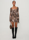 front view of model wearing Princess Polly Suareza Long Sleeve Mini Dress Leopard Sweetheart Neckline 