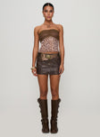 side view of model wearing Princess Polly Art Deco Top Brown Sleeveless straight 