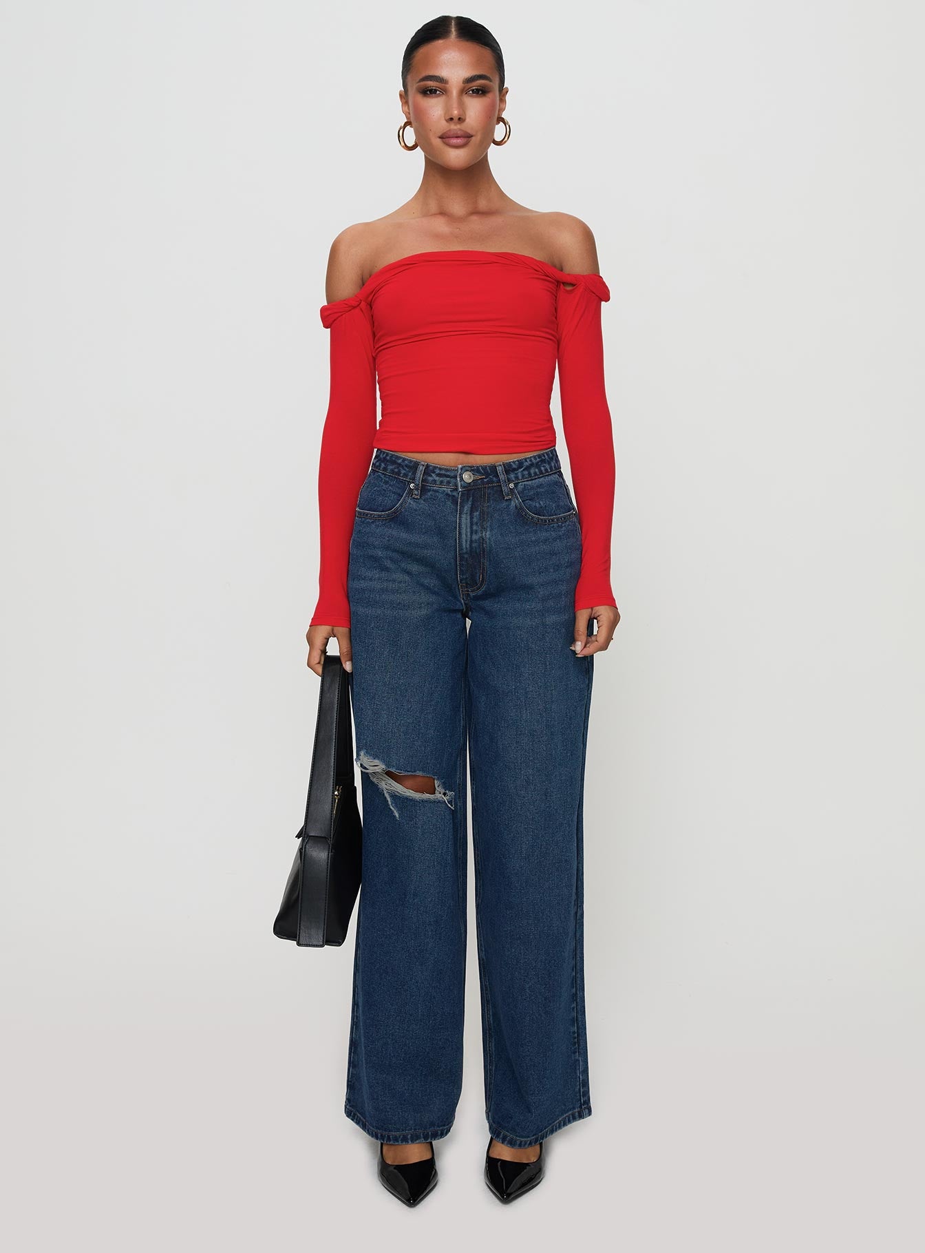 front view of model wearing Princess Polly Naylor Rip Wide Leg Jeans Dark Blue Wash Mid Rise 