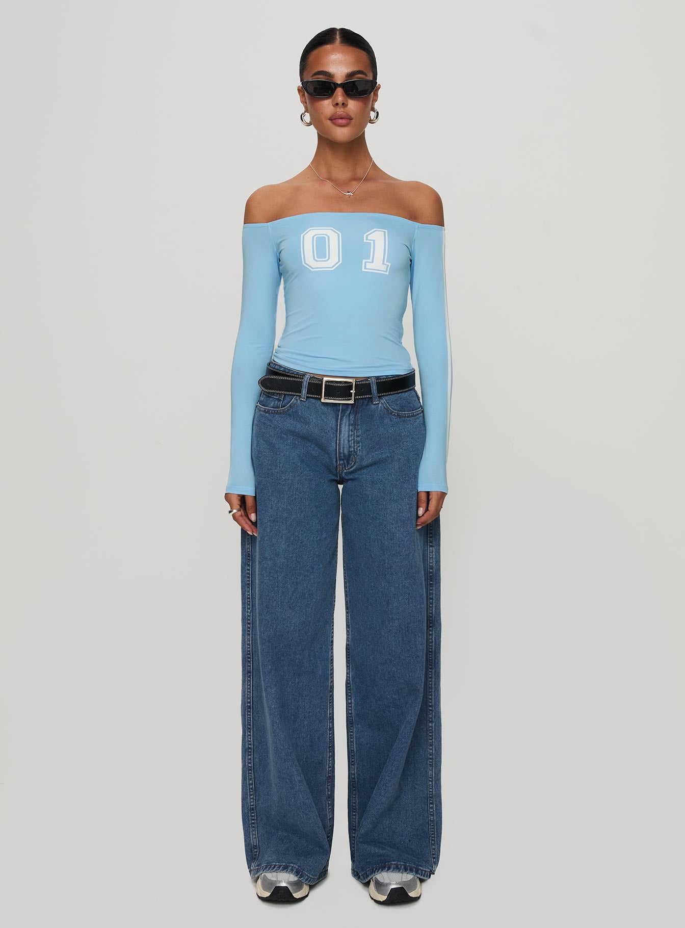 front view of model wearing Princess Polly One And Only Long Sleeve Top Blue Full Sleeves straight 