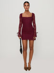 front view of model wearing Princess Polly Lucianna Long Sleeve Lace Mini Dress Burgundy Square Neck 