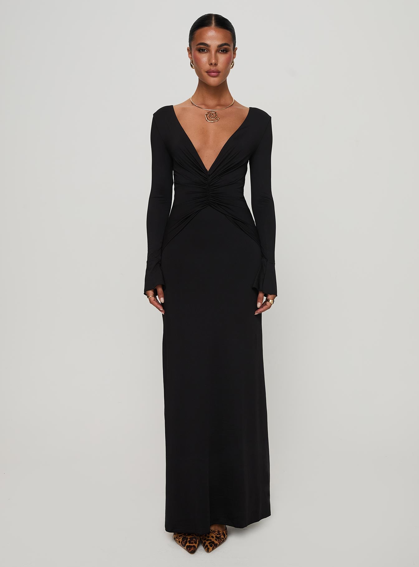 Lezure Plunge Long Sleeve Maxi Dress Black | Princess Polly