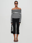 front view of model wearing Princess Polly Danyel Off The Shoulder Sweater Black / White Stripe Long 