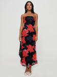 front view of model wearing Princess Polly Celik Strapless Maxi Dress Black / Floral Straight Neck 