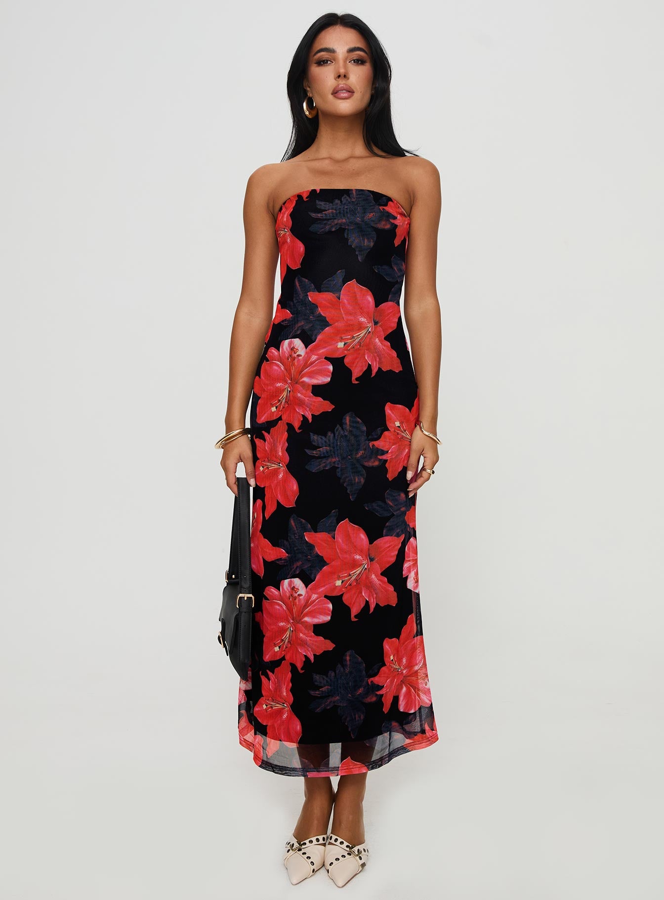 front view of model wearing Princess Polly Celik Strapless Maxi Dress Black / Floral Straight Neck 