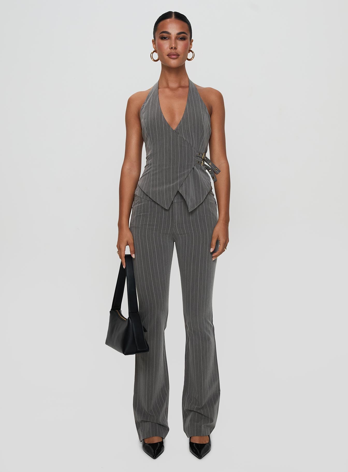 Calexico Buckle Pant Grey Pinstripe | Princess Polly