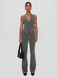 front view of model wearing Princess Polly Calexico Buckle Pant Grey Pinstripe High Waisted Pants 