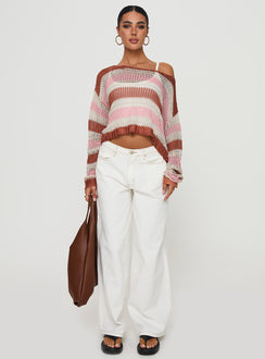 front view of model wearing Princess Polly Perren Sweater Pink / Brown Stripe Cropped 