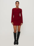 front view of model wearing Princess Polly Epiphany Long Sleeve Mini Dress Burgundy High Neck 