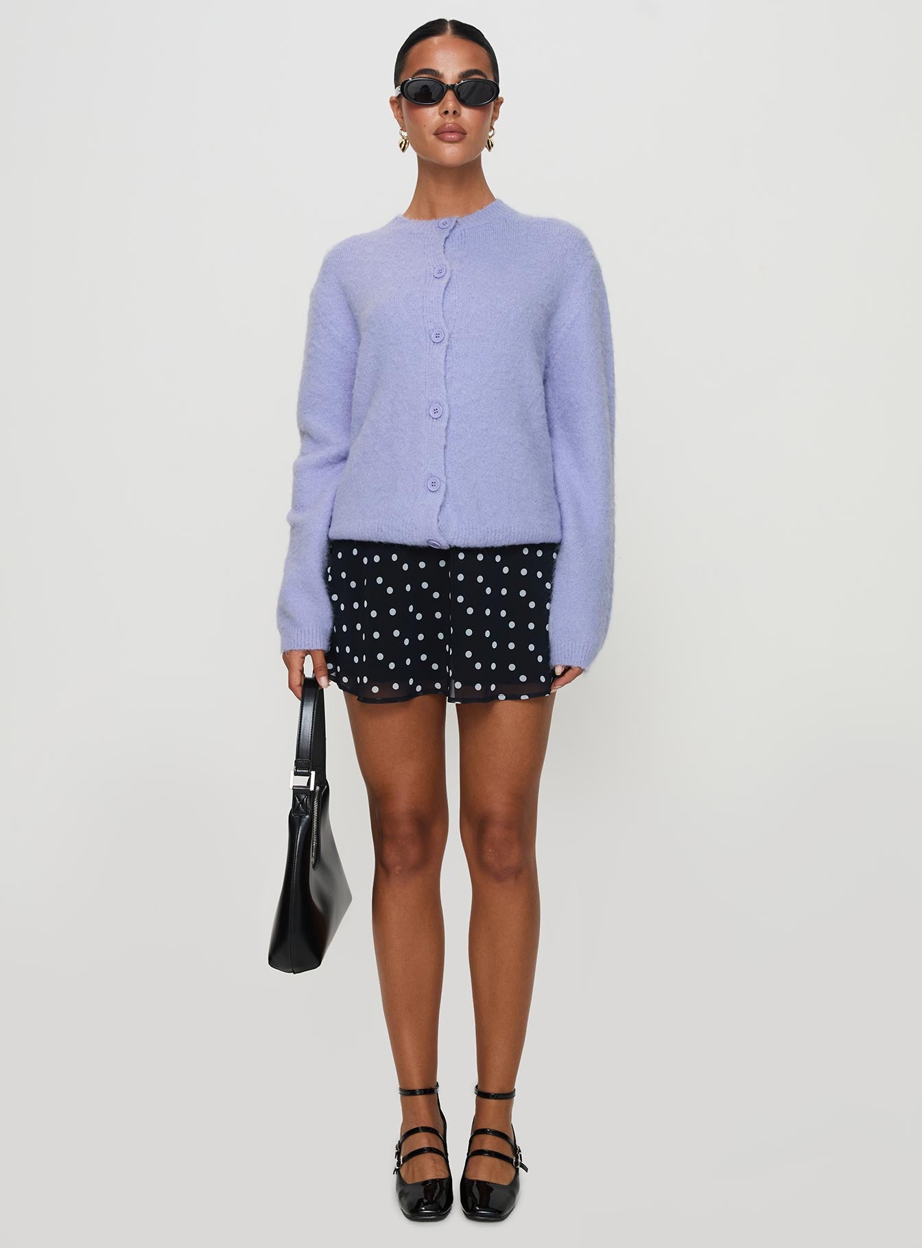 front view of model wearing Princess Polly Alyse Mohair Cardigan Lilac Long 