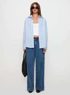 front view of model wearing Princess Polly Mallin Shirt Blue / White Stripe Full Sleeves V-Neck 