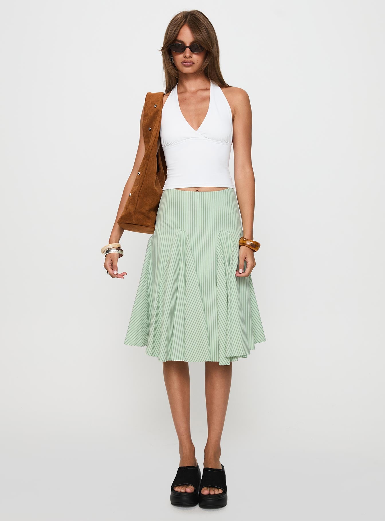   front view of model wearing Princess Polly Evangaleine Pleat Midi Skirt Green / White Midi Skirts 