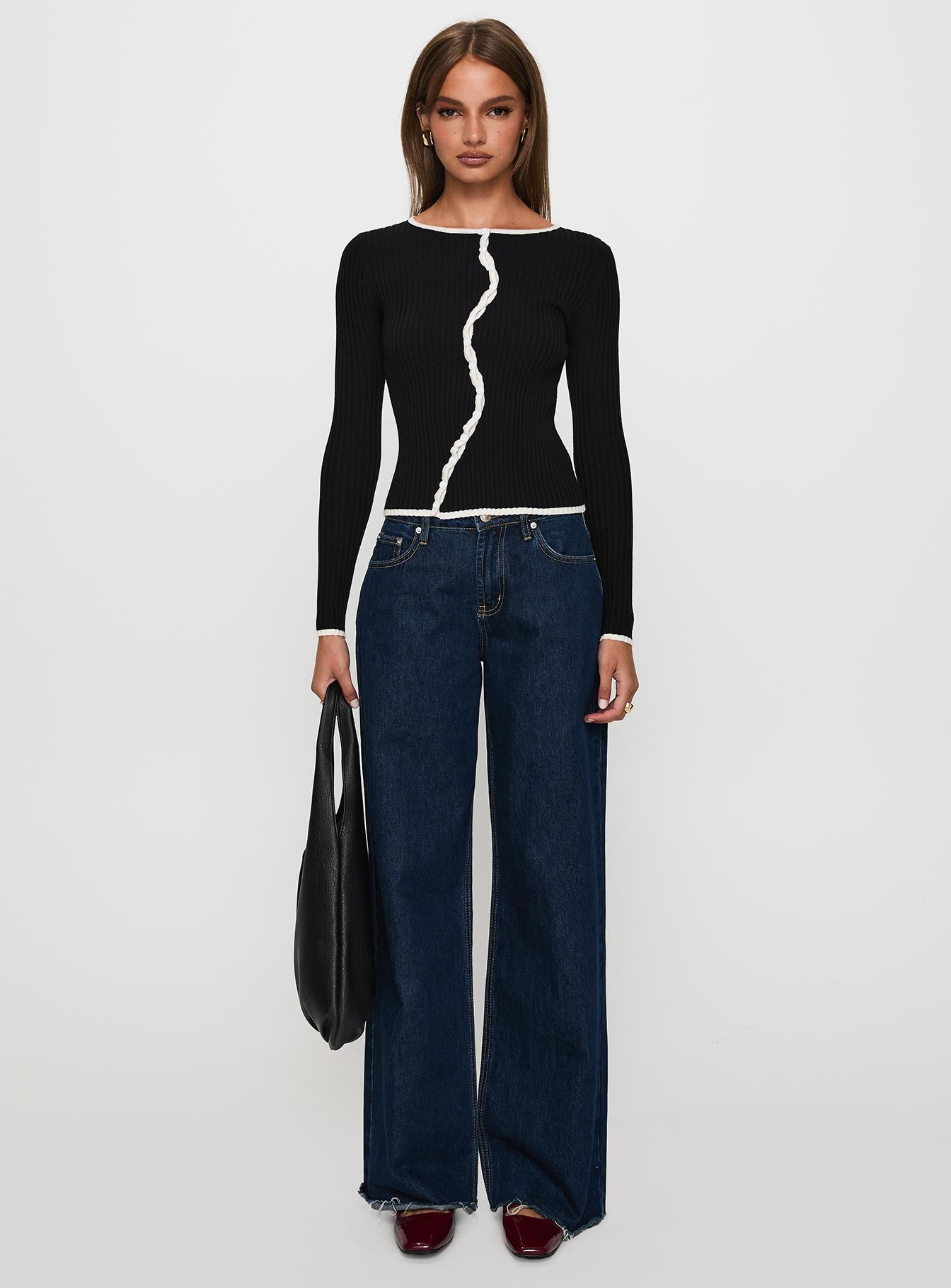 front view of model wearing Princess Polly Bring Me Closer Button Up Long Sleeve Top Black / White Full Sleeves Crew Neck 