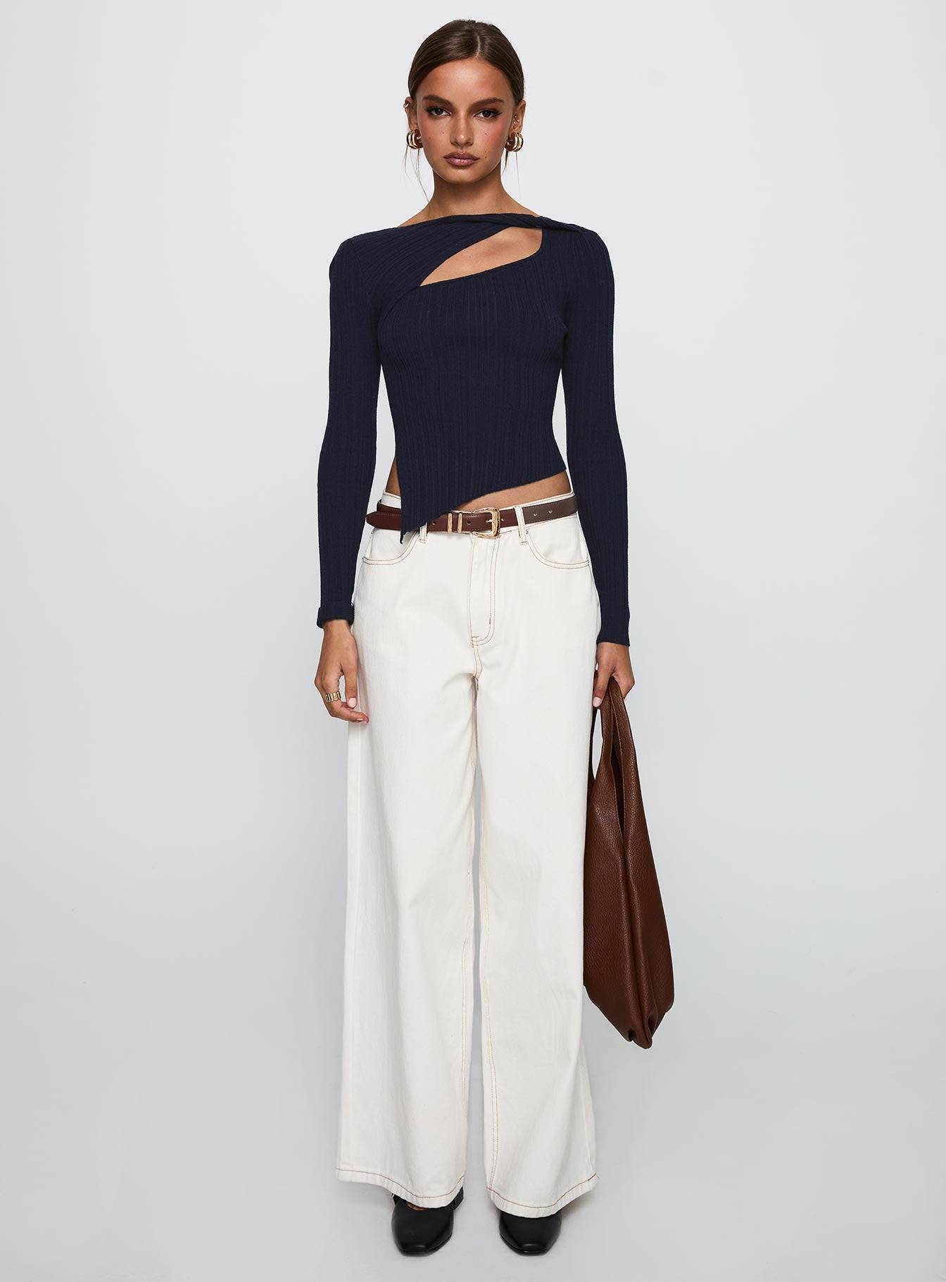 front view of model wearing Princess Polly Ellara Long Sleeve Top Blue Full Sleeves High Neck 