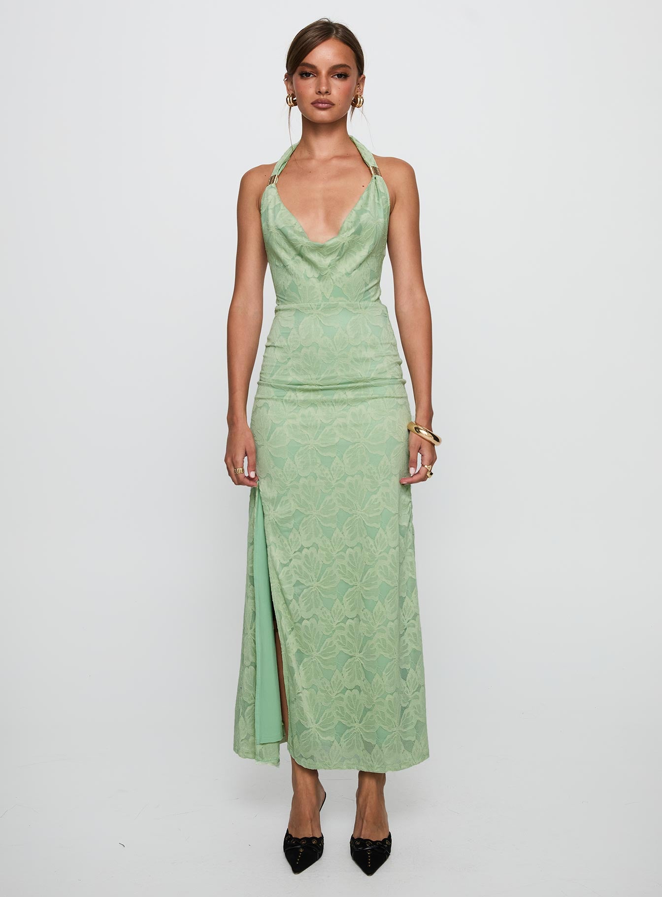 front view of model wearing Princess Polly Starfall Halter Maxi Dress Sage Cowl Neck 