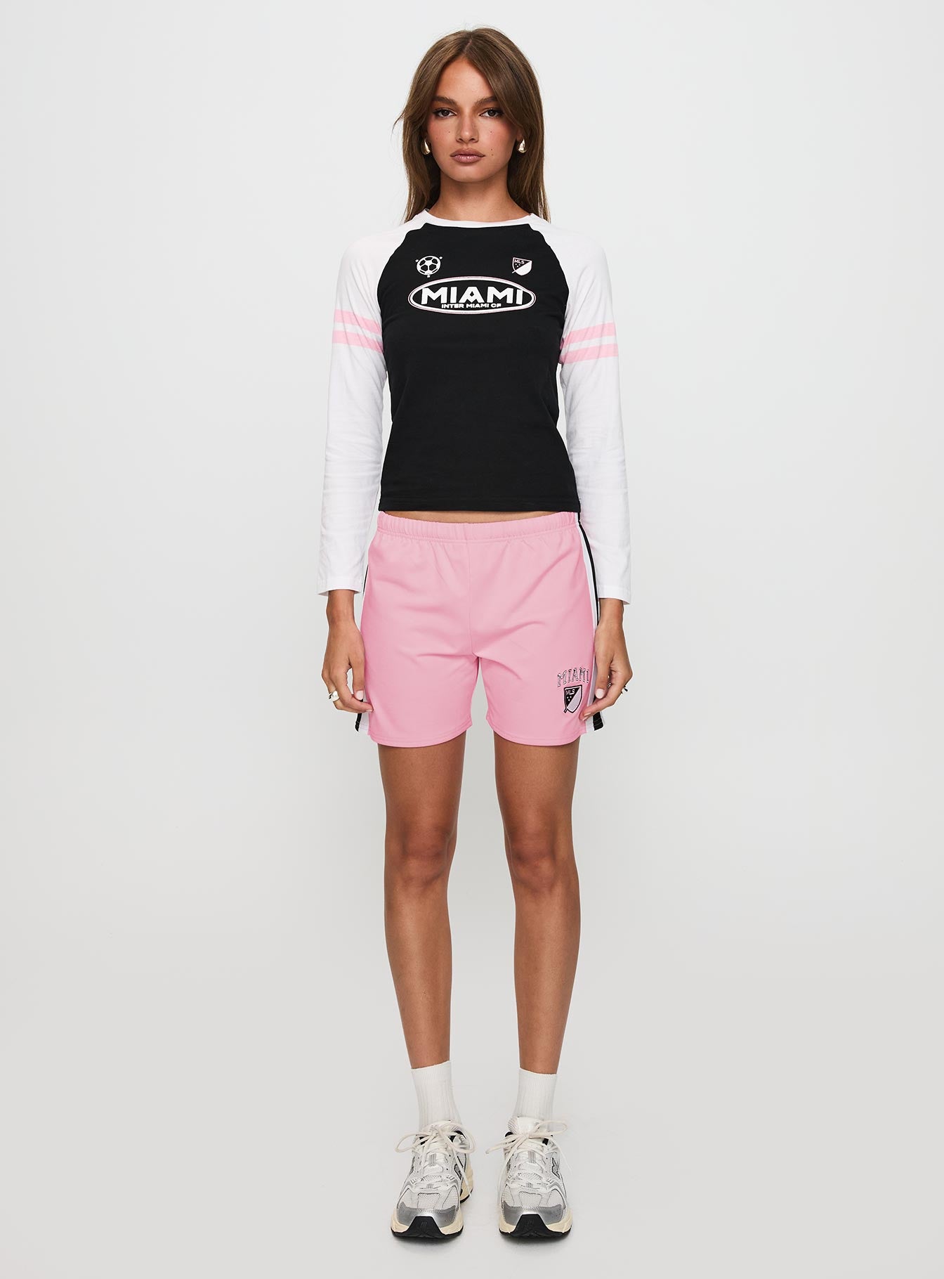 front view of model wearing Princess Polly Bend It Athletic Shorts Pink Low Rise Shorts 
