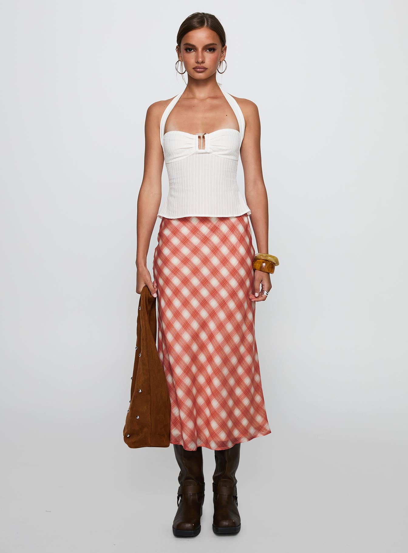   side view of model wearing Princess Polly Living Color Maxi Skirt Orange Gingham Midi Skirts 