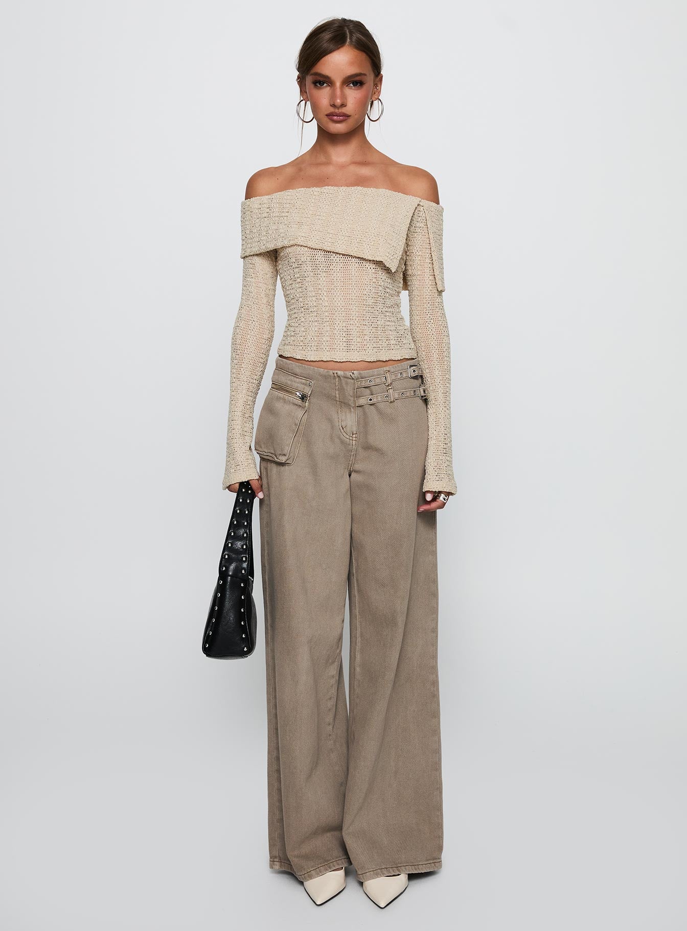 side view of model wearing Princess Polly Cardamom Long Sleeve Top Beige Full Sleeves straight 