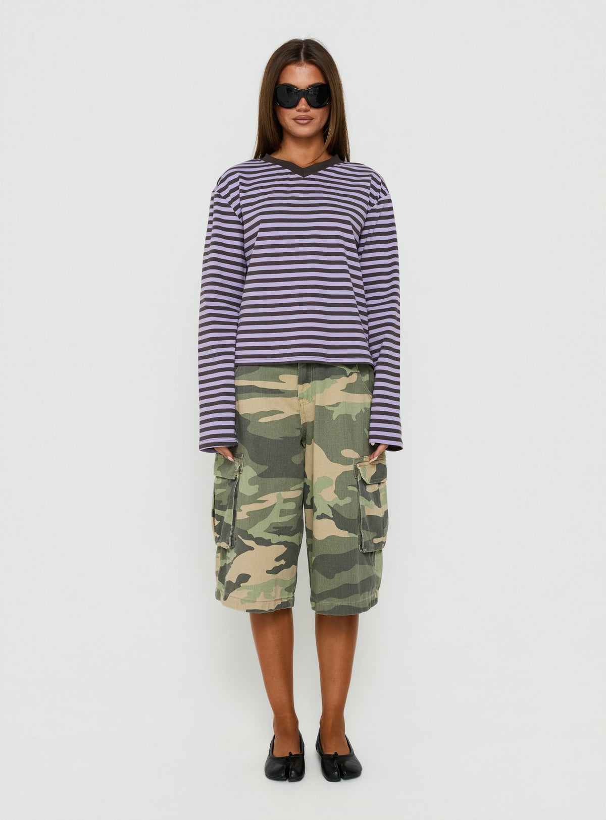 Viollette V Neck Long Sleeve Top Purple Stripe