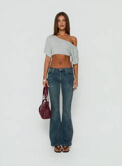 Miskie Draped Off Shoulder Micro Crop Top Grey
