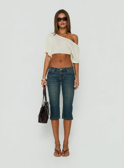Miskie Draped Off Shoulder Micro Crop Top Butter Yellow