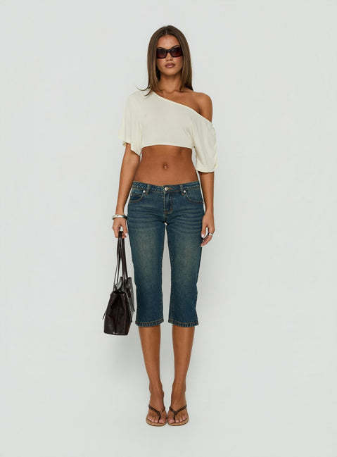 Miskie Draped Off Shoulder Micro Crop Top Butter Yellow