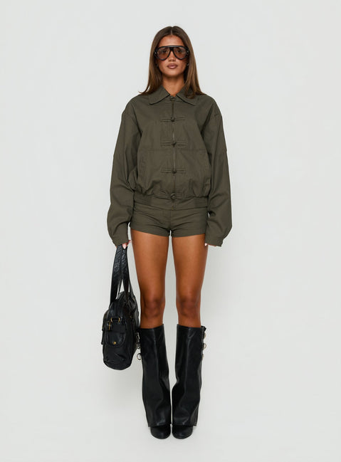 Satchie Utility Frog Closure Bomber Jacket Khaki