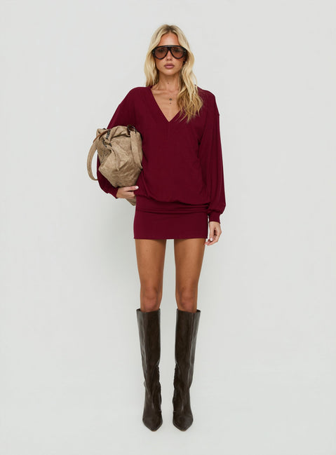 Solena Blouson V Neck Knit Mini Dress Burgundy