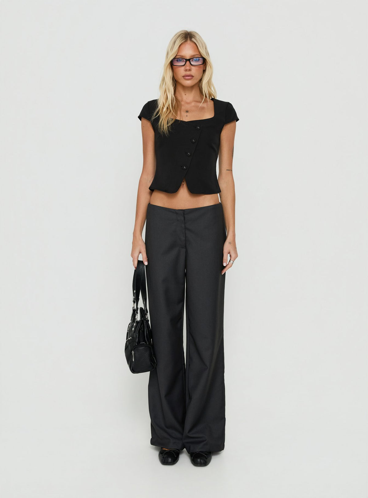 Charlissa Asymmetrical Button Top Black