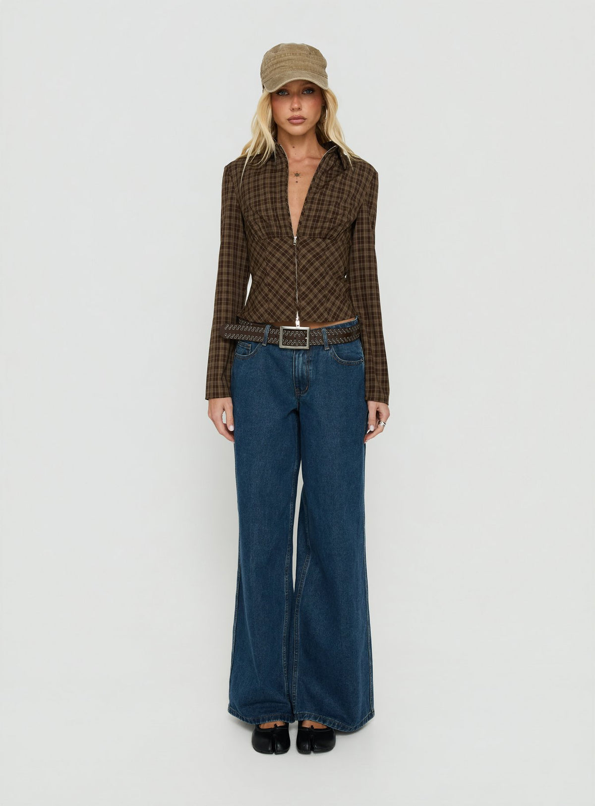 Kinori Long Sleeve Zip Down Top Brown Check