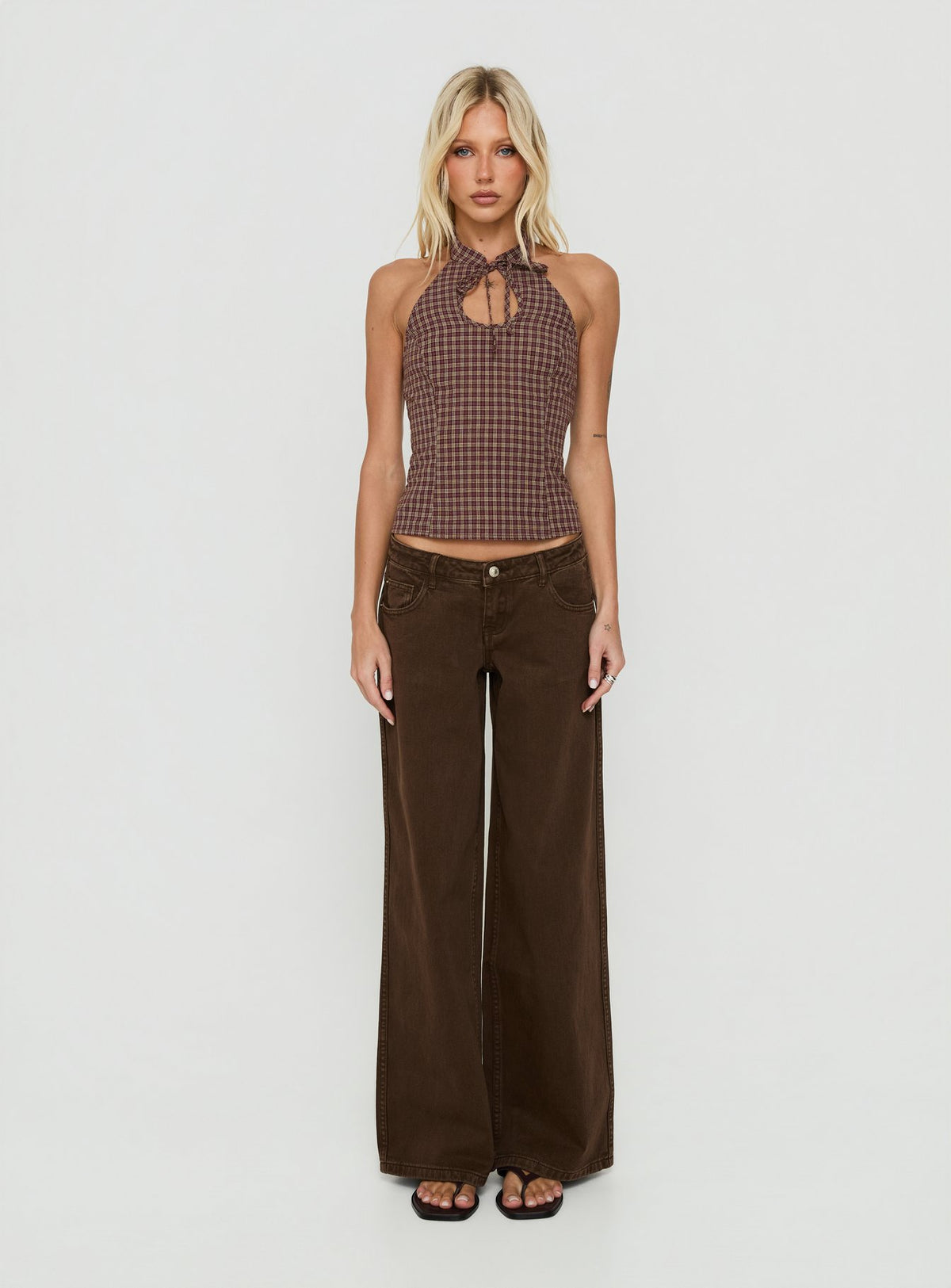 Noellah Keyhole Halter Top Multi Check