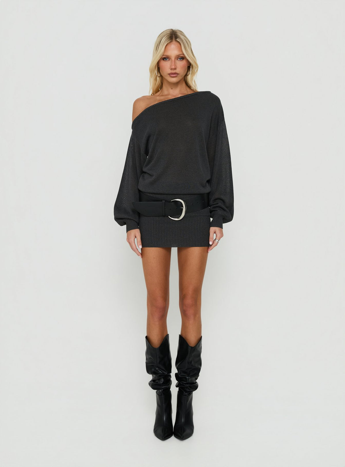 Johannah Off Shoulder Long Sleeve Knit Mini Dress Dark Grey
