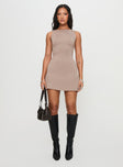 front view of model wearing Princess Polly Karreey Mini Dress Mocha Crew Neck 