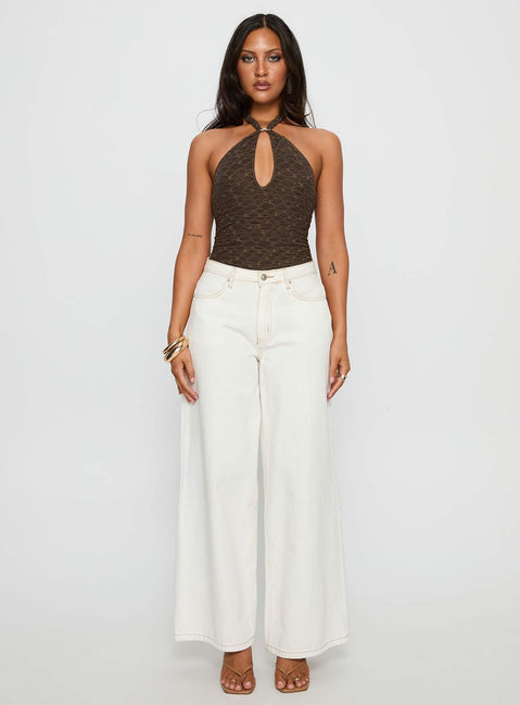 side view of model wearing Princess Polly Libbey Hardware Detail Textured Bodysuit Brown Sleeveless 