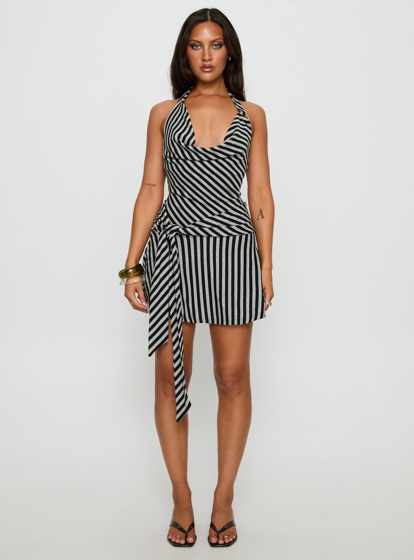 Terika Plunge Neck Halter Mini Dress Grey / Black