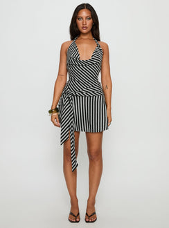 Terika Plunge Neck Halter Mini Dress Grey / Black