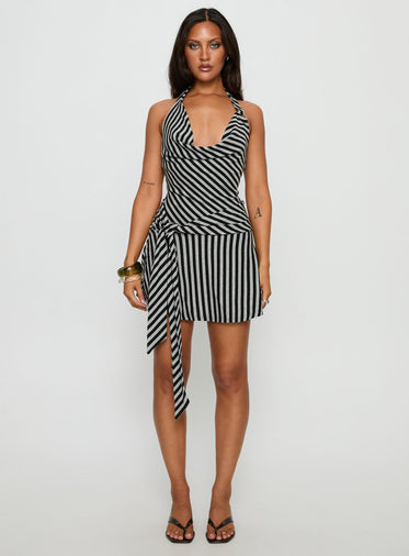 Terika Plunge Neck Halter Mini Dress Grey / Black