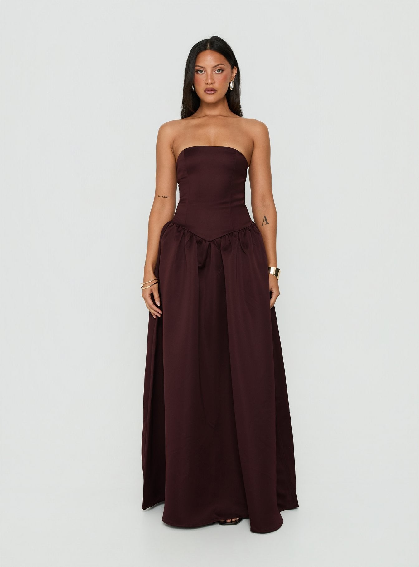 Soft Bloom Drop Waist Strapless Maxi Dress Chocolate