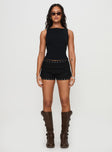 front view of model wearing Princess Polly Houdini Eyelet Mini Short Black High Waisted Shorts 